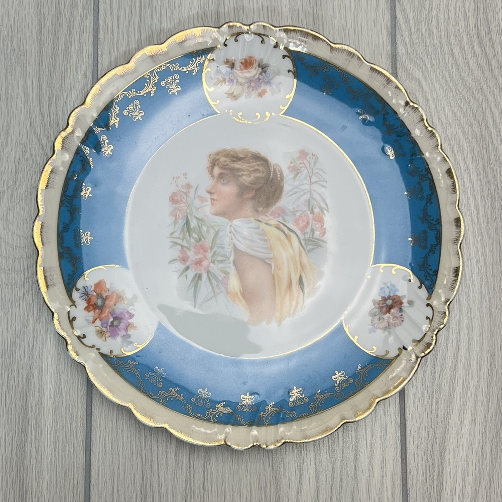 FK Bavaria Woman Portrait Floral Plate Porcelain 22K Gold Trim Vintage